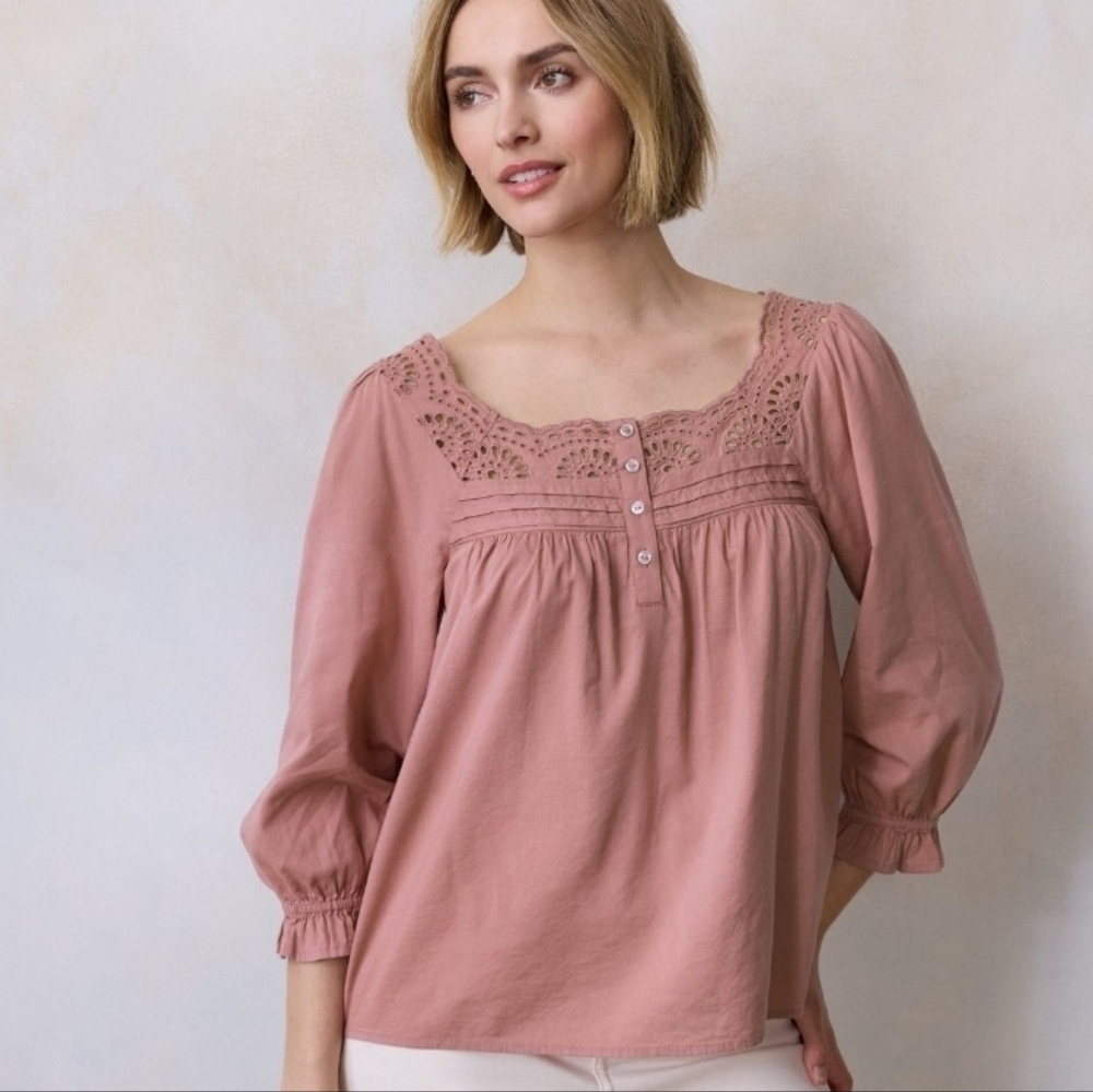 LC Lauren Conrad Plus Size Lace Button Blouse with Lace Accents